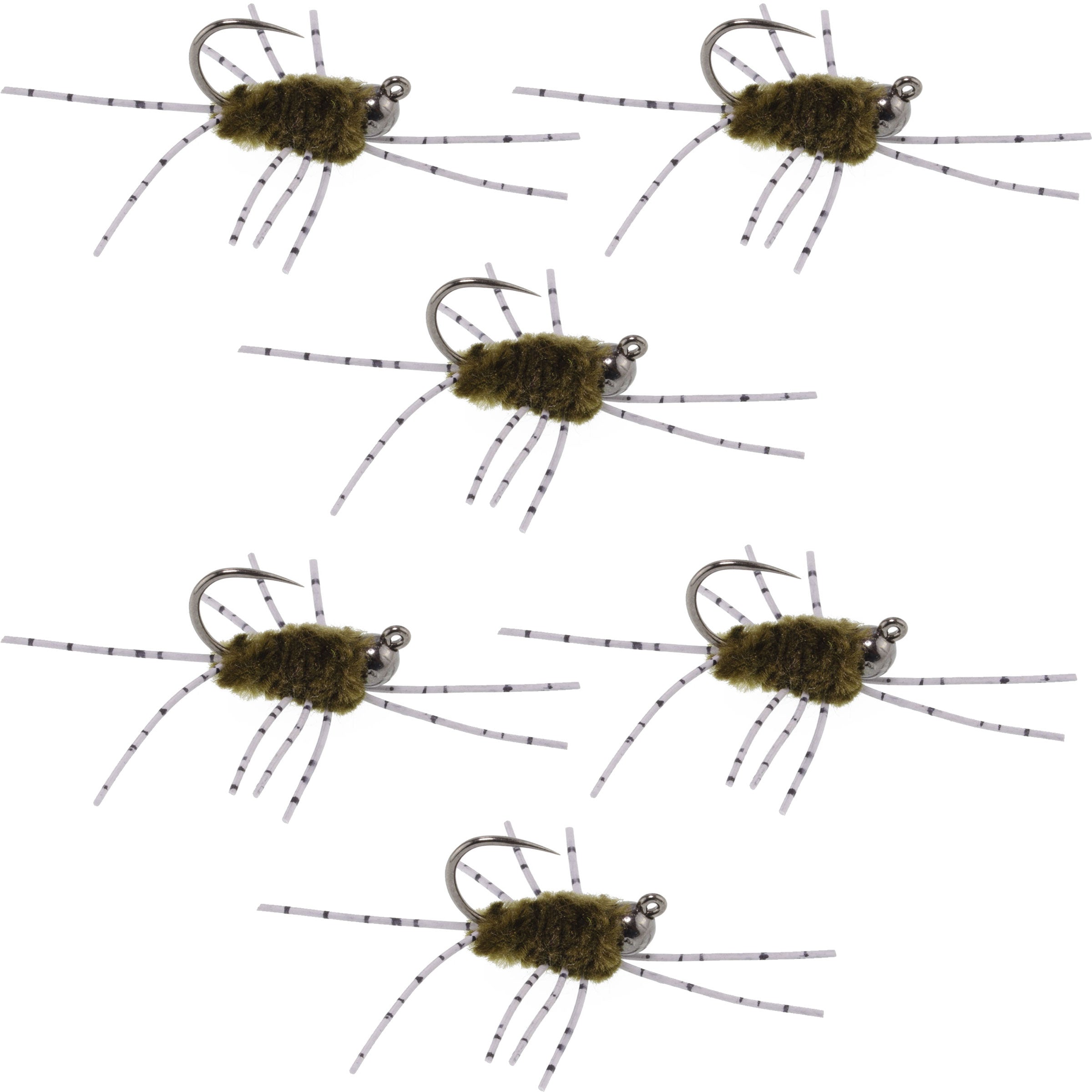 Barbless Pat's Barred Rubber Legs Tungsten Bead Jigged Dark Olive Euro Nymph  - Set of 6 Flies Hook Size 6