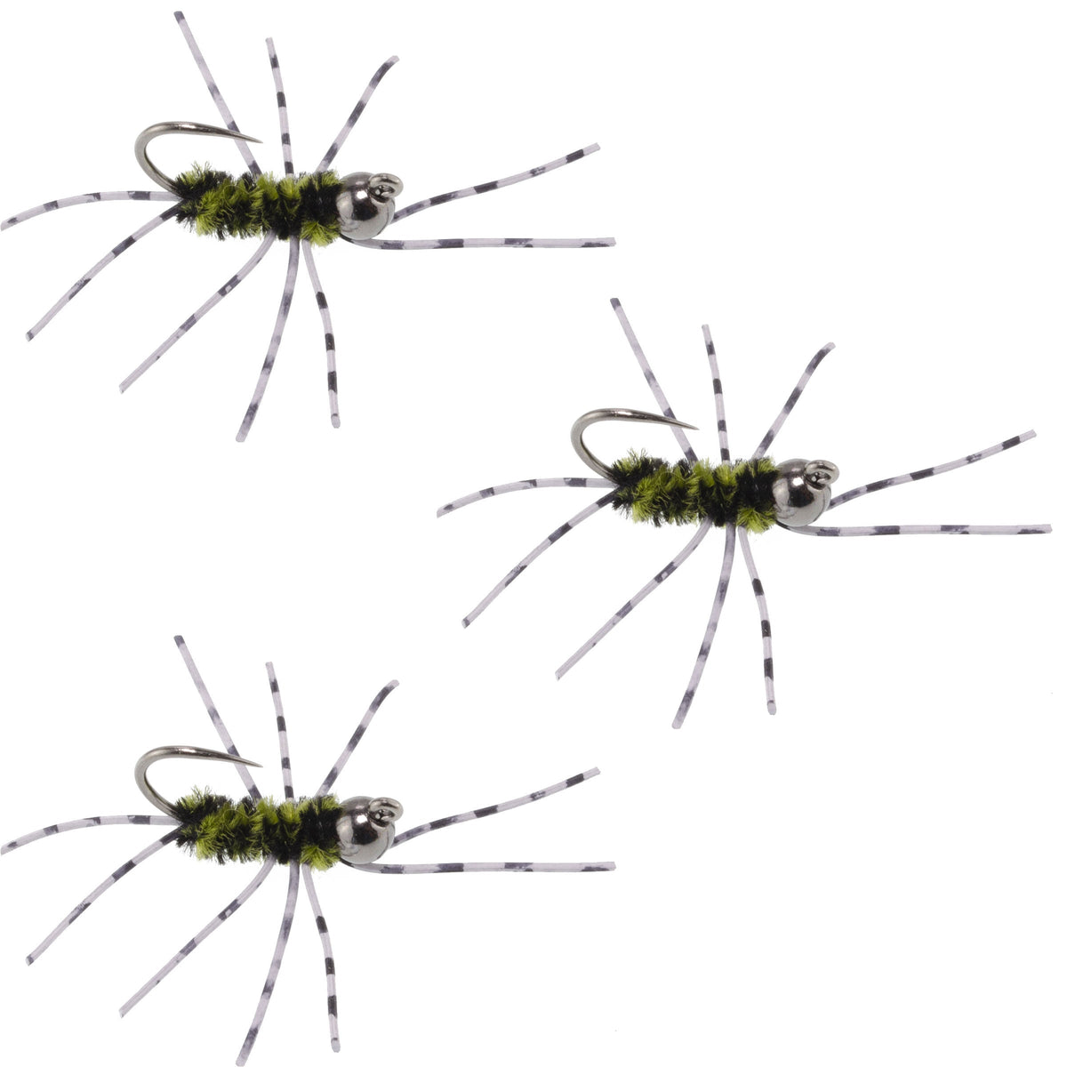 3 Pack Barbless Pat's Barred Rubber Legs Tungsten Bead Jigged Black/Olive Euro Nymph  - Hook Size 6