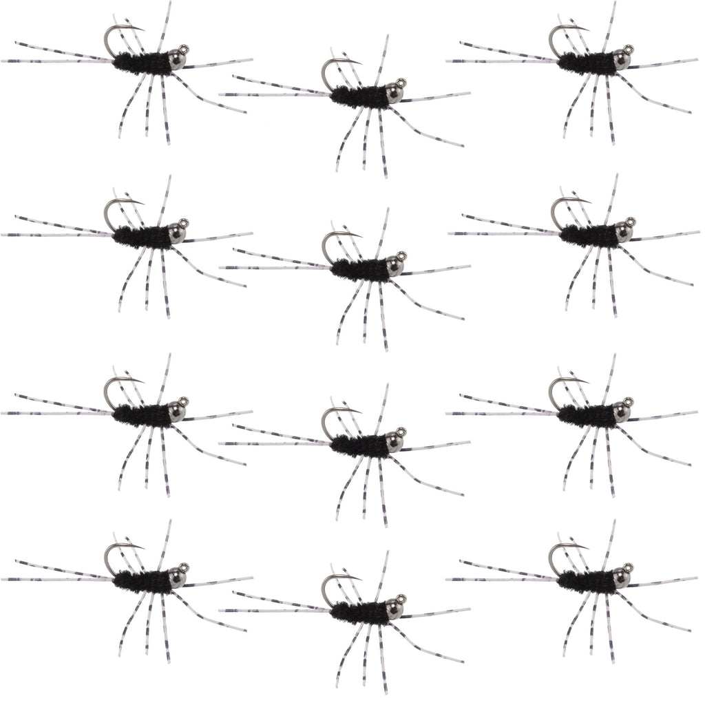 Barbless Pat's Barred Rubber Legs Tungsten Bead Jigged Black Euro Nymph  - Set of 12 Flies Hook Size 6
