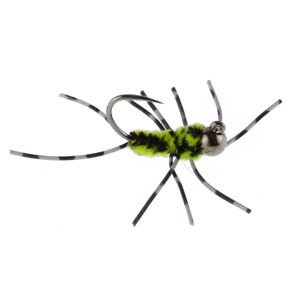 Barbless Pat's Barred Rubber Legs Tungsten Bead Jigged Black/Chartreuse Euro Nymph  - Set of 6 Flies Hook Size 6
