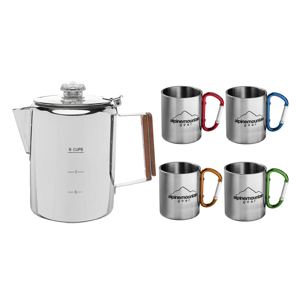 Stainless Steel Coffee Set - Percolator and Mugs - 5 Piece Set