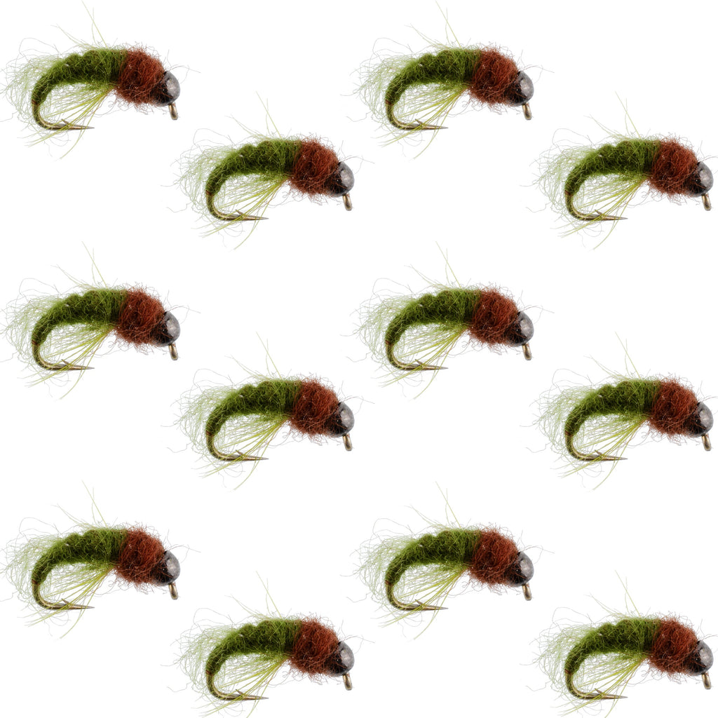 Bead Head Olive Brown Caddis Larva Nymph 12 Flies - Hook Size 16