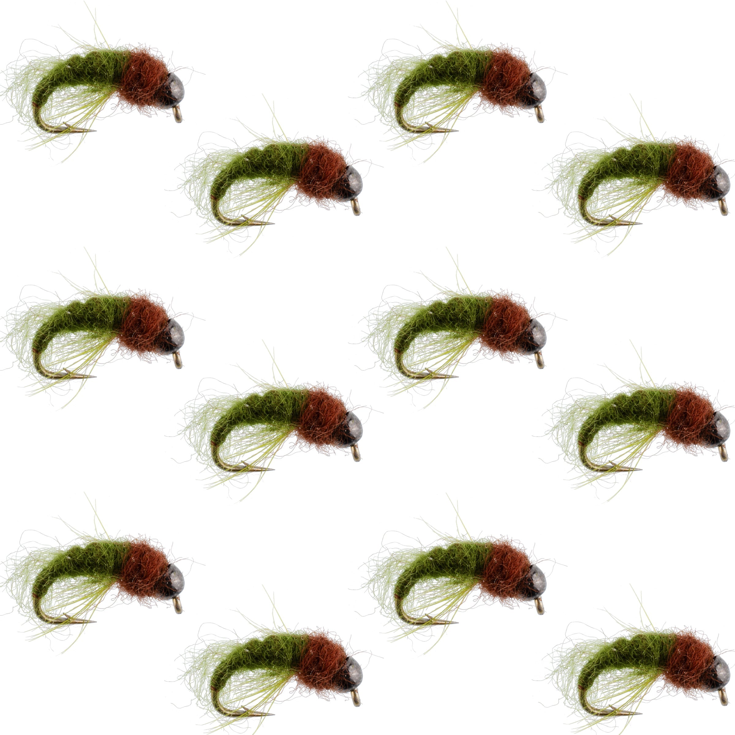 Bead Head Olive Brown Caddis Larva Nymph 12 Flies - Hook Size 12