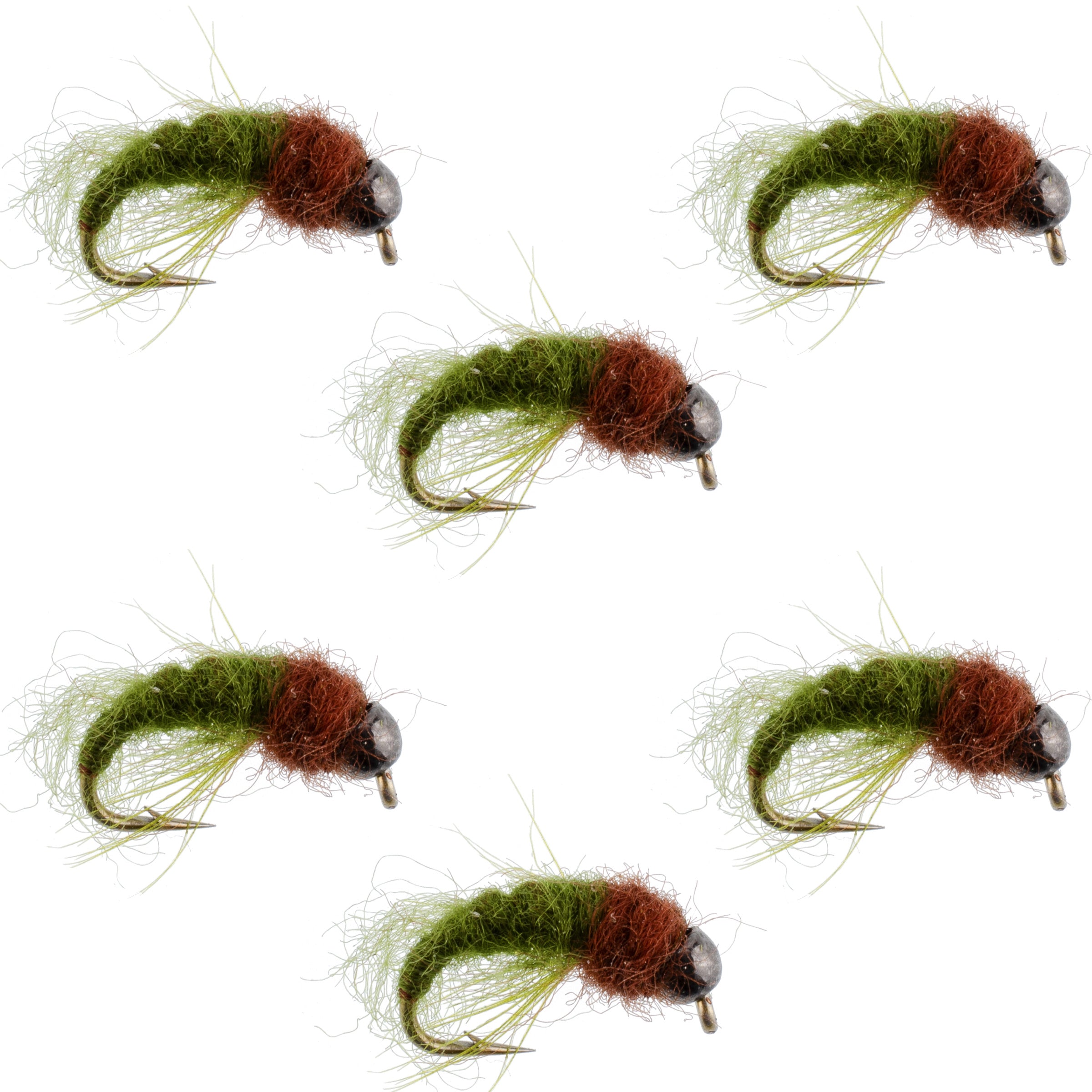 Bead Head Olive Brown Caddis Larva Nymph 6 Flies - Hook Size 14