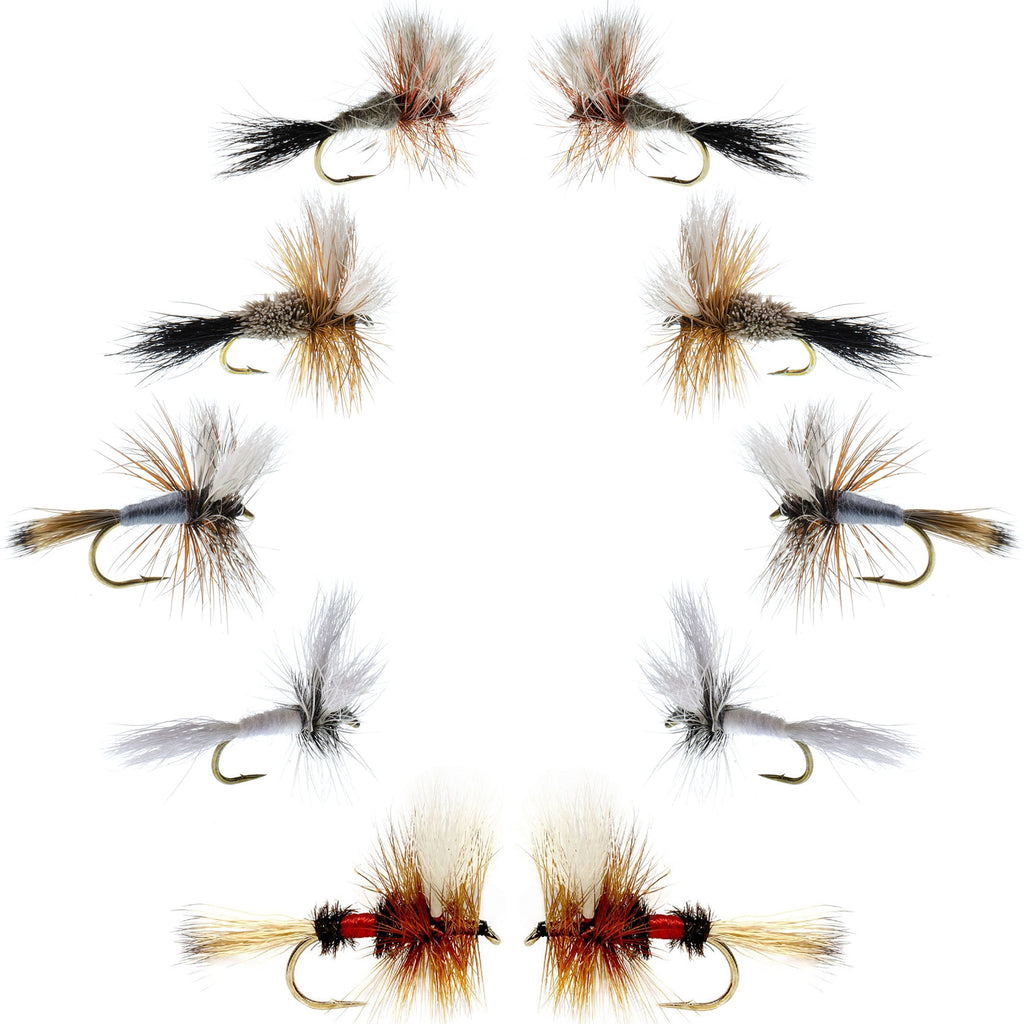 Basics Collection - Wulff Dry Fly Assortment - 10 Dry Fishing Flies - 5 Patterns - Hook Sizes 10, 12, 14