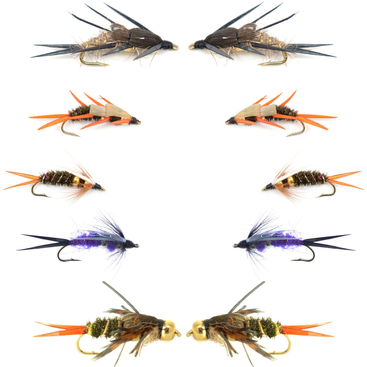 Basics Collection - Double Bead Head Nymph Assortment - 10 Wet Flies - 5 Patterns - Hook Size 10