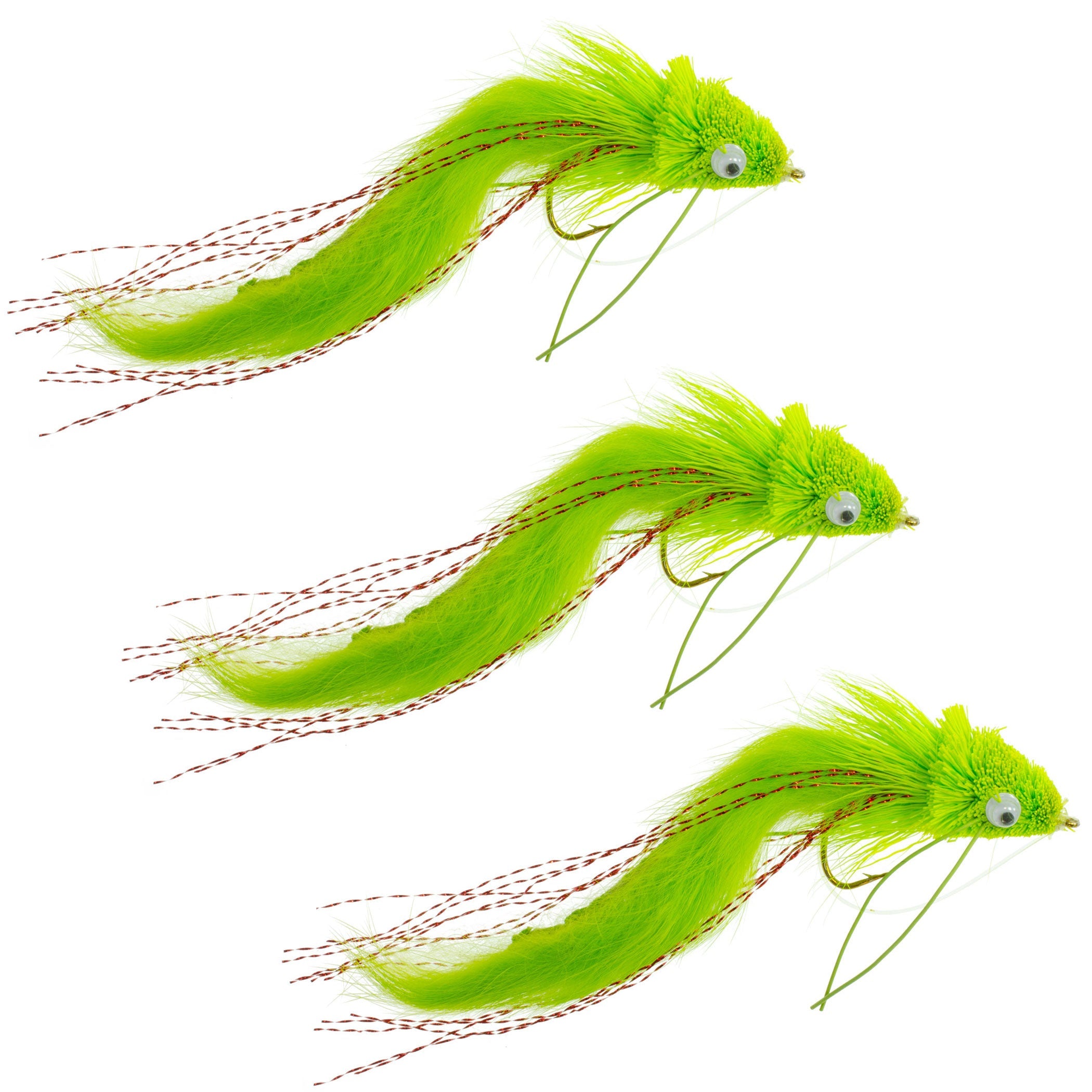 3 Pack Chartreuse Rabbit Strip Deer Hair Diver Size 4 -  Bass Fly Fishing Bug Wide Gape Bass Hooks With Weed Guard