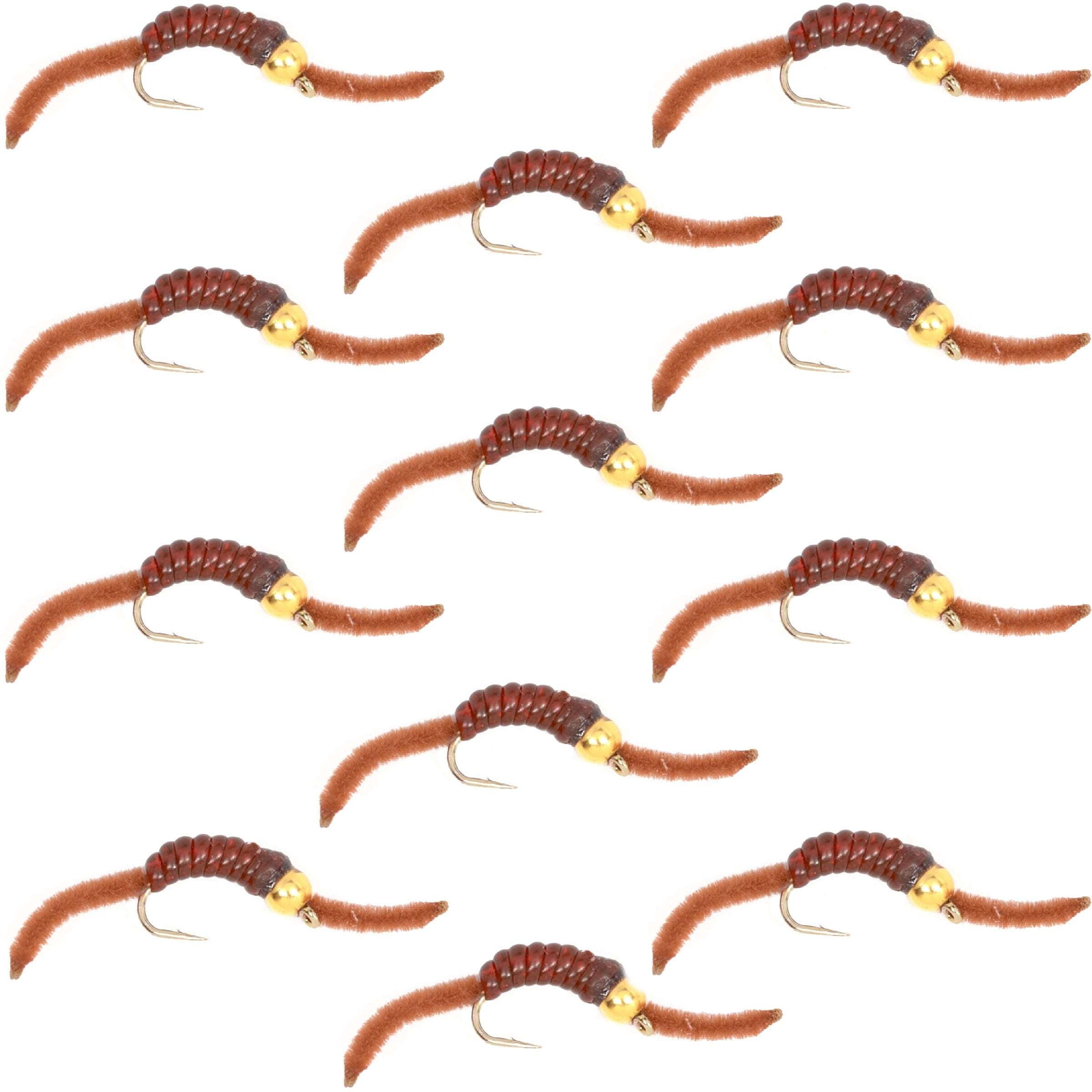 Barbless Tungsten San Juan Bead Head Power Worm Brown 12 Flies Size 12