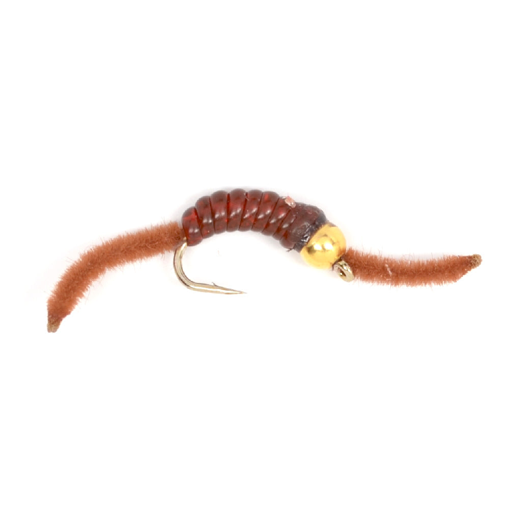 Barbless Tungsten San Juan Bead Head Power Worm Brown 6 Flies Size 14