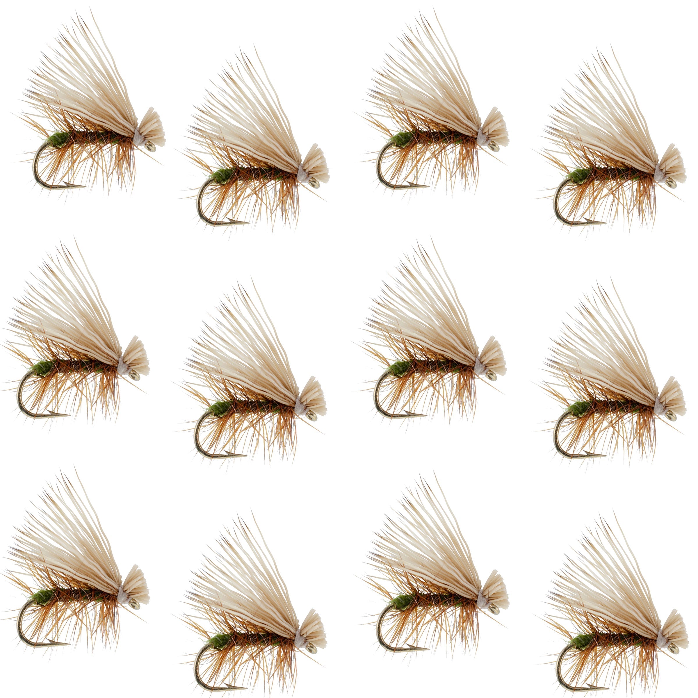 Olive Elk Hair Caddis Classic Trout Dry Fly - Set of 12 Flies Size 12 `