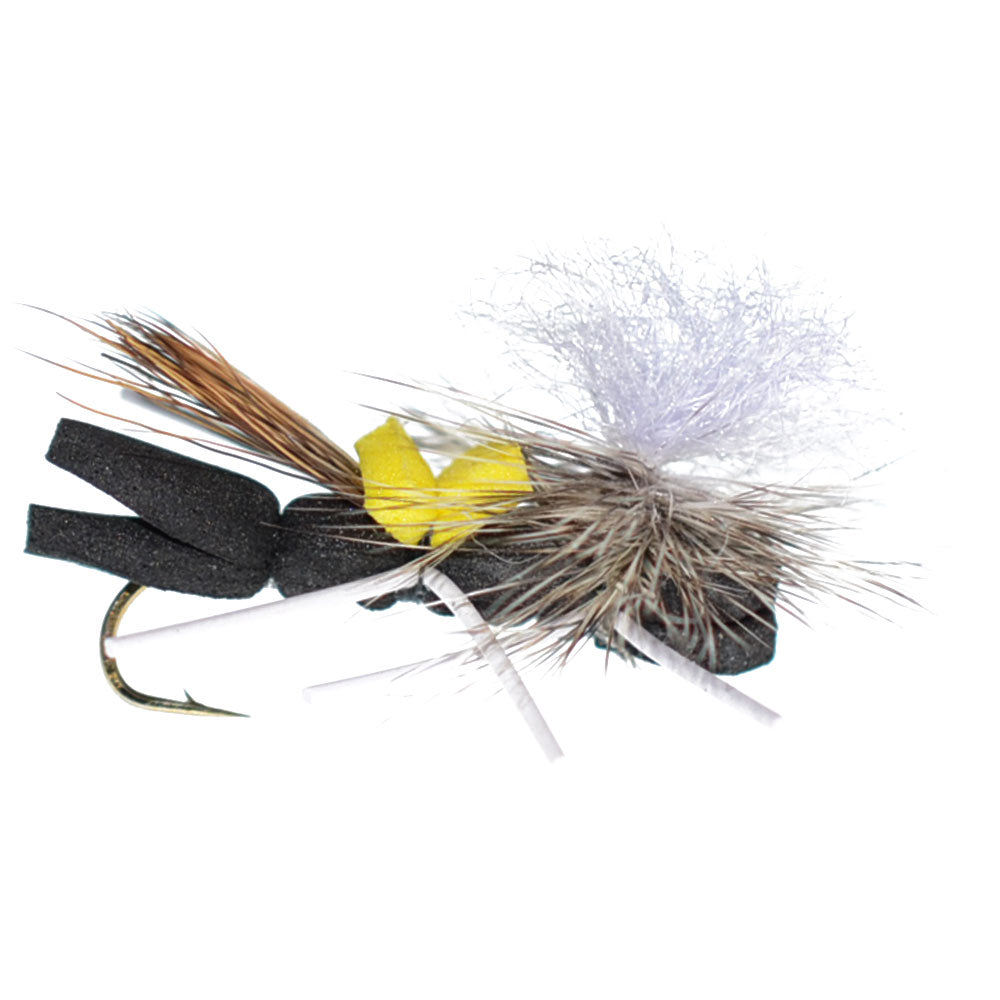 Parachute Chernobyl Ant Black Yellow Top Foam Body Grasshopper Fly 1 Dozen Flies Hook Size 10