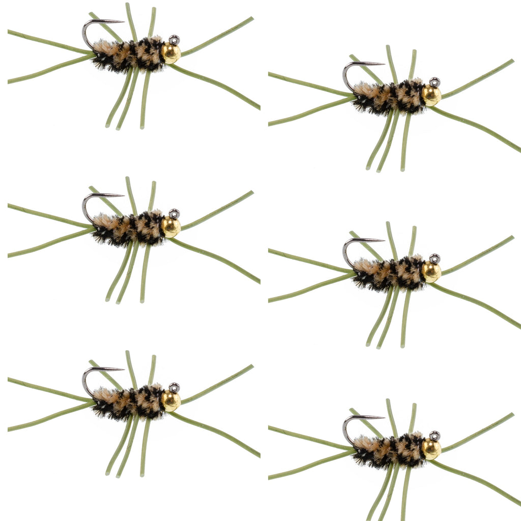 Barbless Pat's Rubber Legs Tungsten Bead Jigged  Coffee/Black Euro Nymph  - Set of 6 Flies Hook Size 10