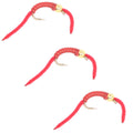 3 Pack San Juan Power Worm Gold Bead Head Red V-Rib - Hook Size 10