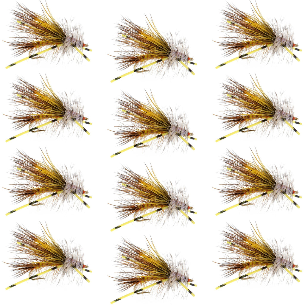 Kaufmann's Yellow Crystal Stimulator Rubber Legs Dry Fly - 1 Dozen Flies Hook Size 16