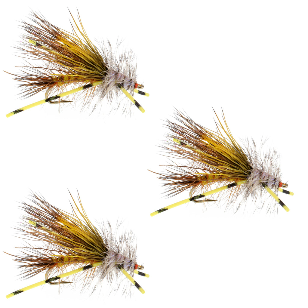 3 Pack Kaufmann's Yellow Crystal Stimulator Rubber Legs Dry Fly - Hook Size 8