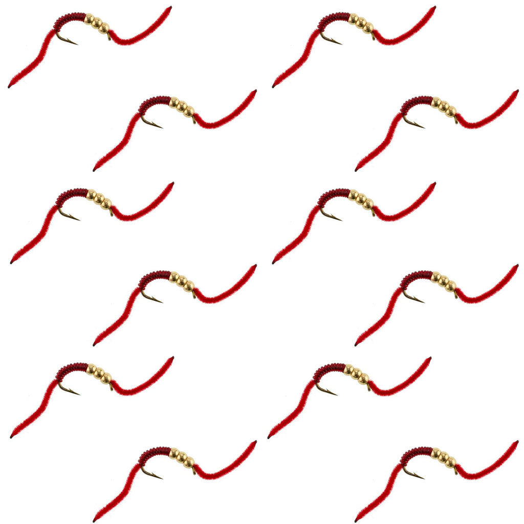 San Juan Triple Tungsten Bead Power Worm  Red V-Rib - 12 Flies Size 6