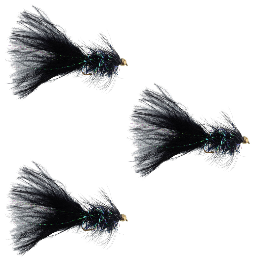 3 Pack Black Bead Head Mini Crystal Woolly Bugger Streamer -  Size 12