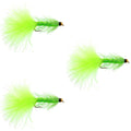 3 Pack Chartreuse Bead Head Crystal Woolly Bugger Classic Streamer Fly -  Hook Size 4