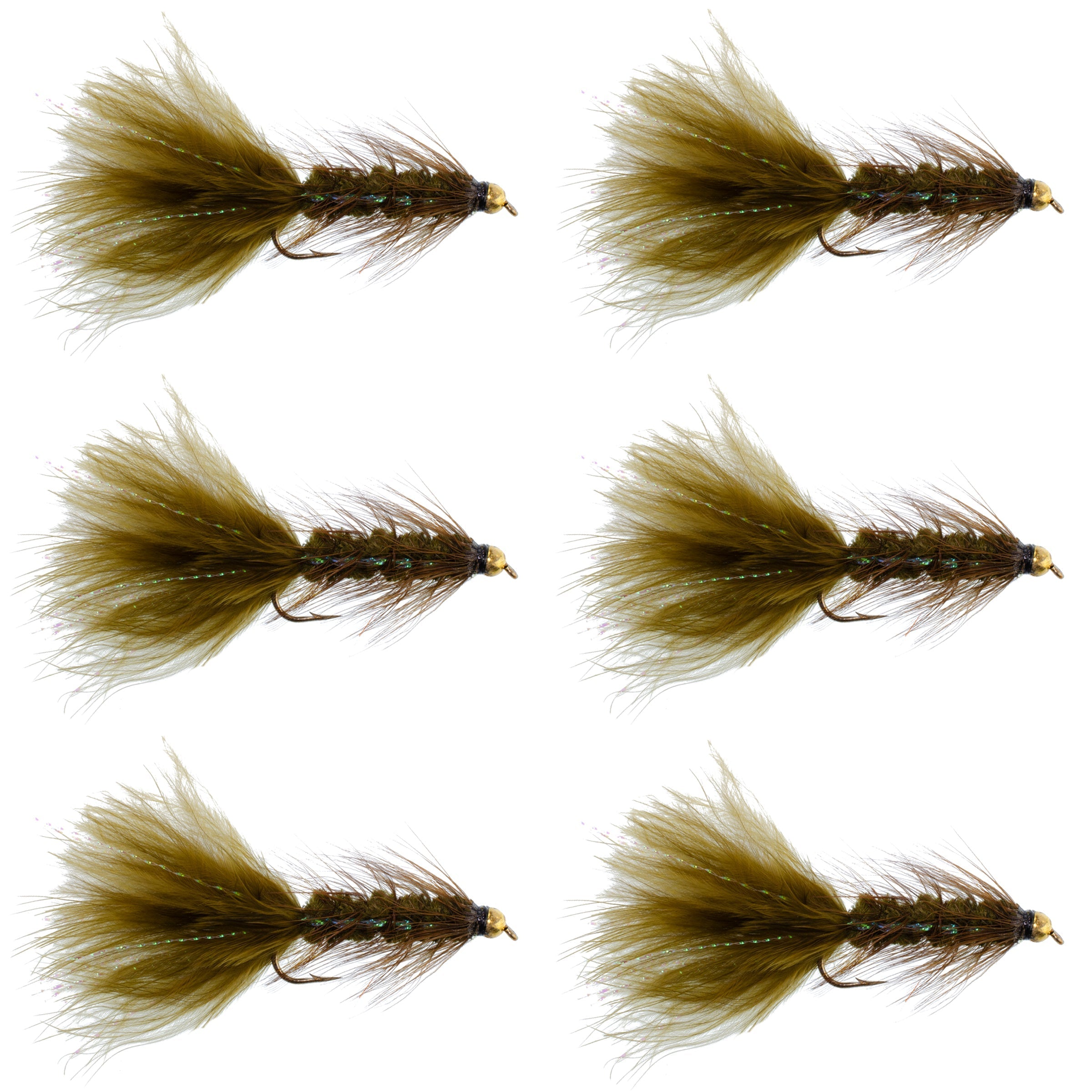 Dark Olive Bead Head Crystal Woolly Bugger Classic Streamer Flies - Set of 6 Trout Fly Fishing Flies - Hook Size 4