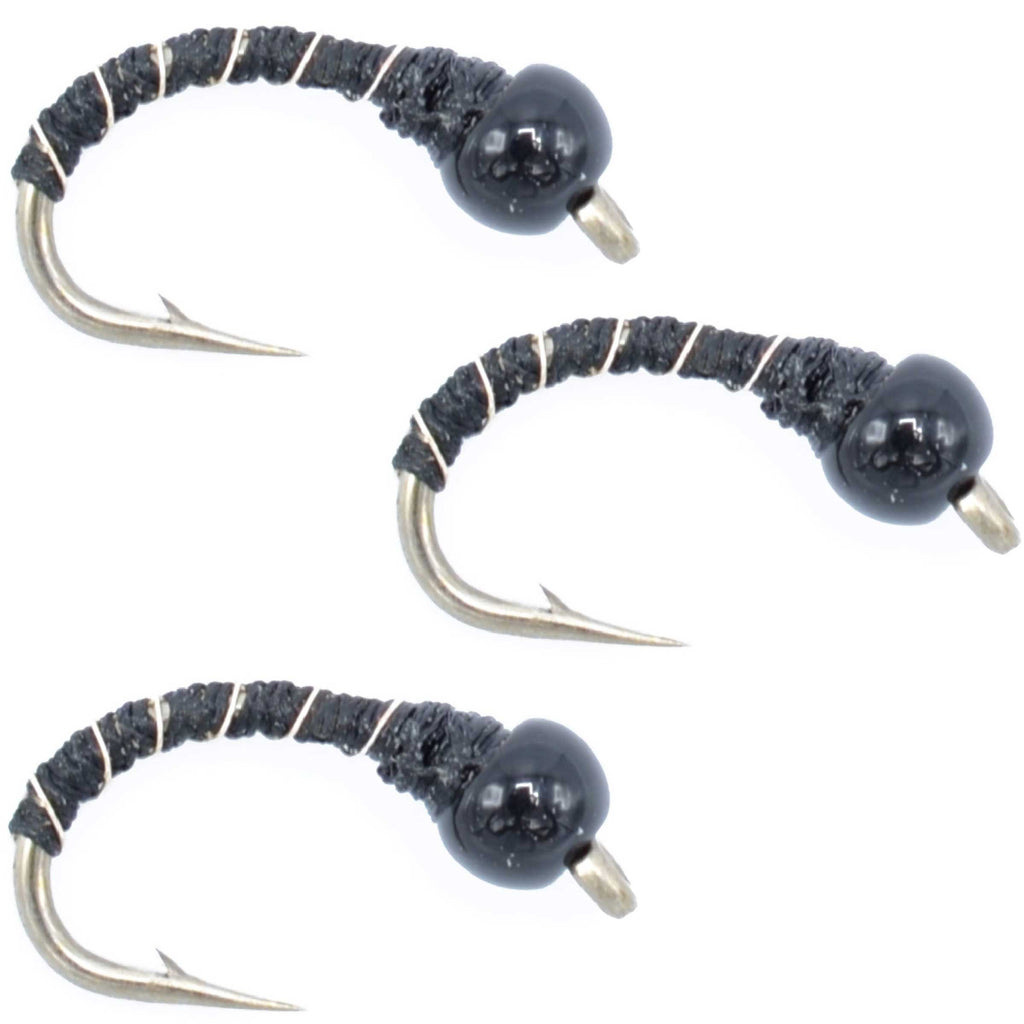 3 Pack Bead Head Black Zebra Midge Still Water Nymph Fly Hook Size 22