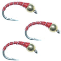 3 Pack Bead Head Red Zebra Midge Nymph Hook Size 20