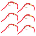 San Juan Worm Flies Bead Head Power Worm Red V-Rib Set of 6 Nymphs Hook Size 10